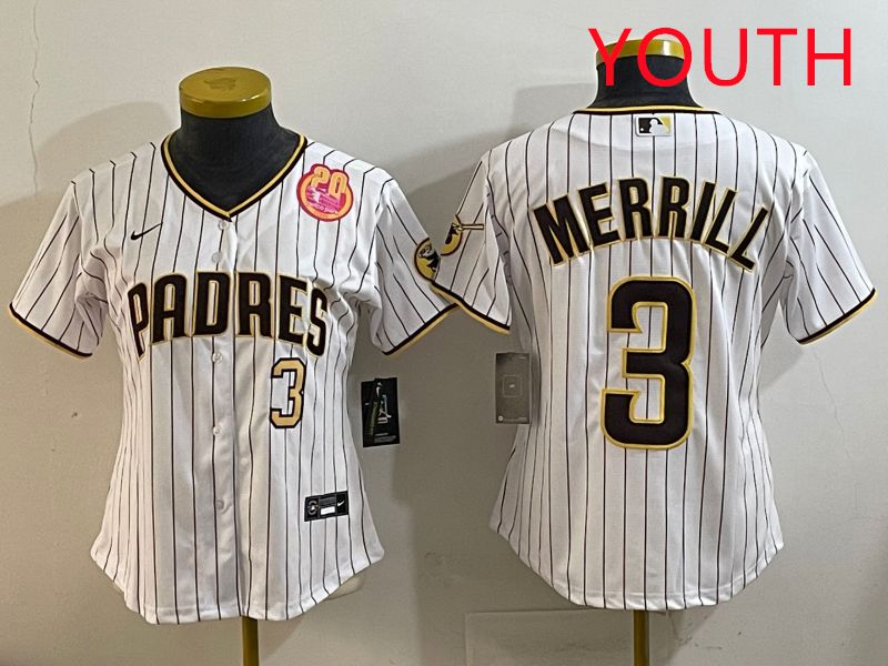 Youth San Diego Padres #3 Merrill White Stripe Game 2025 Nike MLB Jersey style 3->youth mlb jersey->Youth Jersey